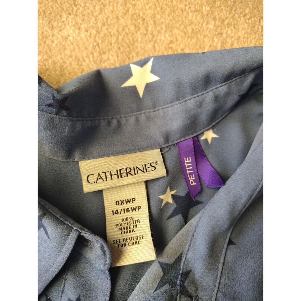 Catherines Blouse Women 14/16 WP Blue Star Novelty Print Button Up Patriotic - Picture 4 of 7